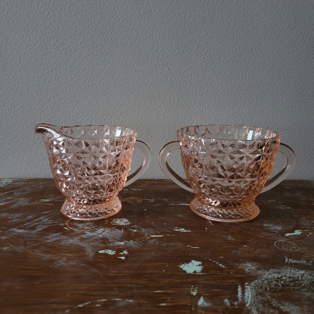 VINTAGE pink glass cream and sugar set